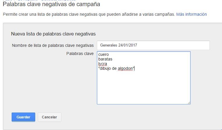 pantalla de selección de palabras clave negativas