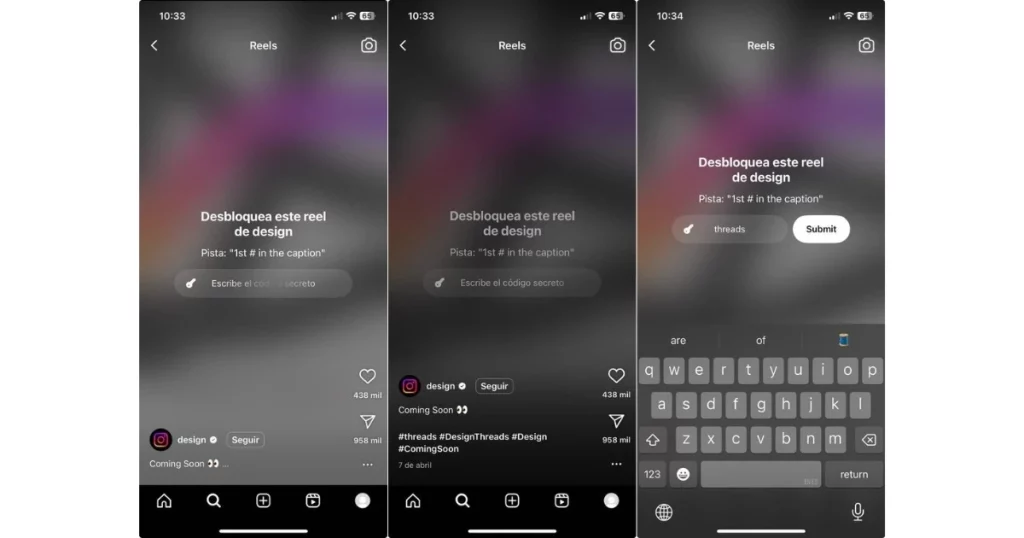 Demo reel de la nueva futura función del formato Reel Instagram que pide introducir un código secreto para acceder al contenido exclusivo.