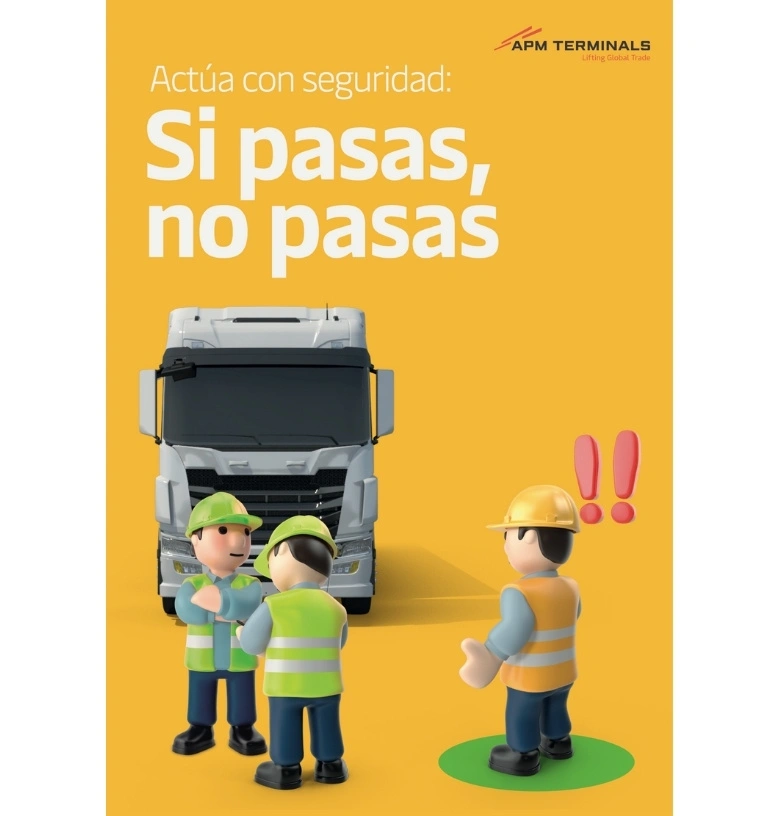 Diseño de flyers para campaña de seguridad en APM Terminals con personajes Playmobil y mensaje visual 'Si pasas, no pasas"
